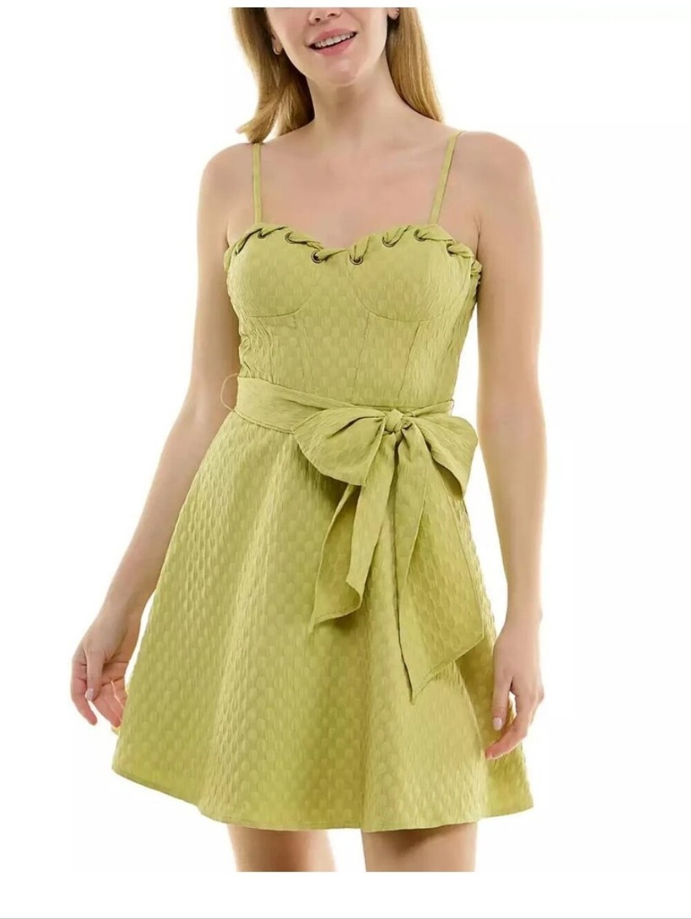 BCX NWT Lime Green Corset Mini Dress XL Lace Up Tie Waist Textured